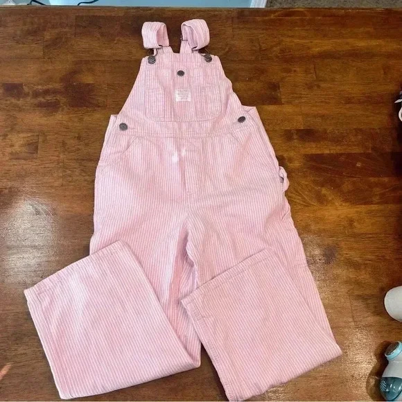Laken & McKey pink white striped overalls size 7 100% cotton girls - Picture 1 of 8